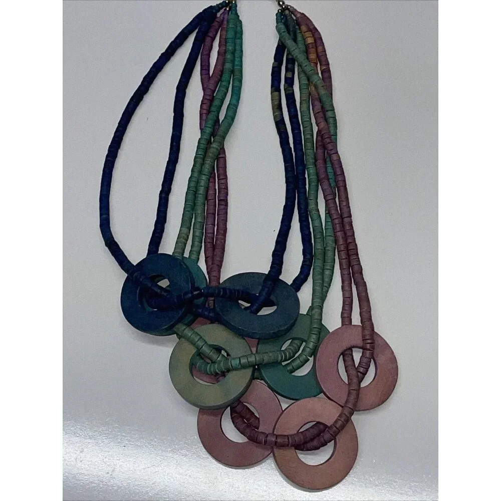 Vintage multi strand multi color purple green & blue wood beaded necklace Circle